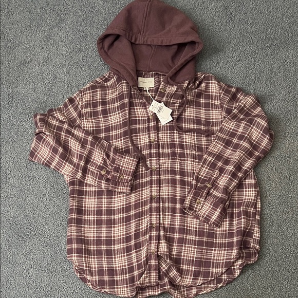 American Eagle Outfitters Kids Plaid Hooded Shirt in Purple and White - Picture 1 of 3